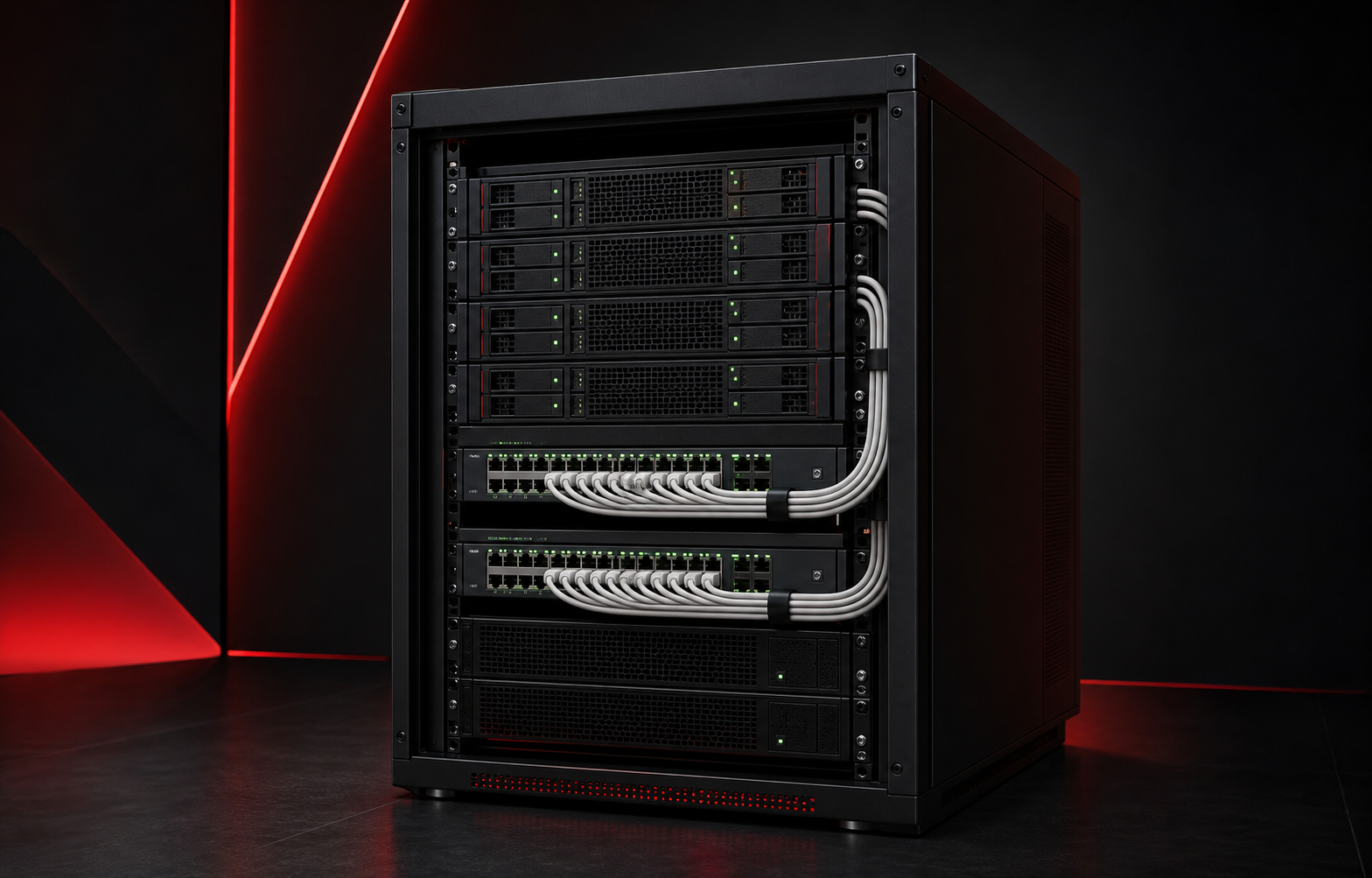 Rack de servidores y switches de red con cableado organizado